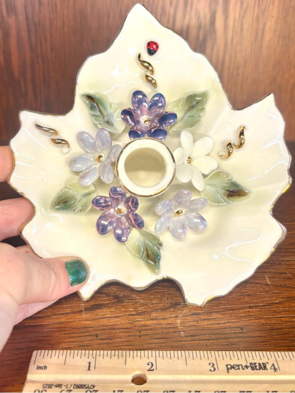 Hand-Painted Floral Leaf Ceramic Candle Holder - Cream with Pastel Flowers